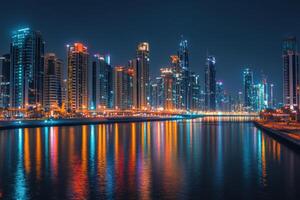 Stunning nighttime skyline of Dubai reflecting in the calm waters of a waterfront promenade photo