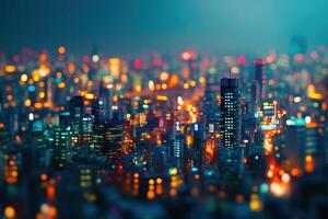 Colorful night cityscape illuminated by vibrant lights in a bustling urban environment photo