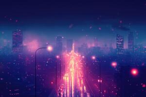 Vibrant city skyline at night with glowing city streets and illuminated buildings photo