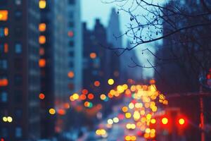 City street illuminated by evening lights with blurred buildings in the background photo