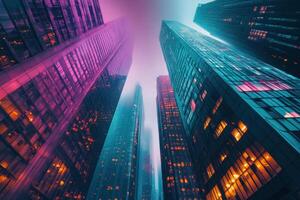 Vibrant urban skyline at dusk with colorful lights reflecting off towering glass buildings photo