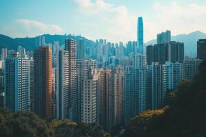 View of a bustling urban skyline in Hong Kong during daytime with clear skies and city activities photo