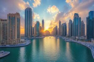 Stunning sunset over Dubai Marina with skyscrapers reflecting golden light on the water photo