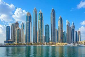 Tall skyscrapers of Dubai Marina reflect in the calm waters under a bright blue sky in daytime photo