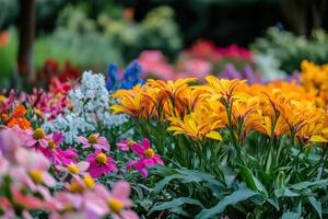 A vibrant display of colorful flowers in a lush garden during springtime bloom photo