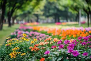 Vibrant flower garden in full bloom during a sunny afternoon in a public park photo