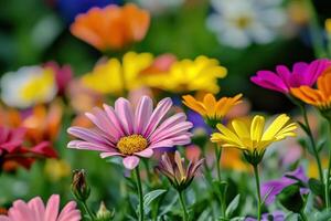 Colorful display of daisies blooming in a vibrant garden during springtime photo