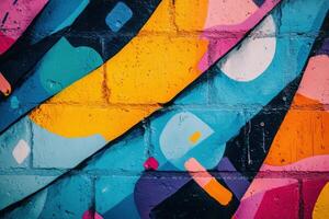 Vibrant abstract mural featuring bold colors and dynamic shapes on a brick wall in an urban setting photo