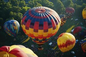 Colorful hot air balloons soar over a vibrant festival in a green park during a sunny afternoon photo