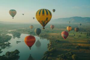 Hot air balloons float over lush fields and a serene river at dawn in a picturesque landscape photo
