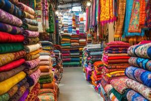 Vibrant textile market brimming with colorful fabrics and textiles on a bustling afternoon photo