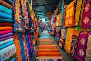 Vibrant textile market showcasing colorful fabrics and traditional patterns in the afternoon light photo