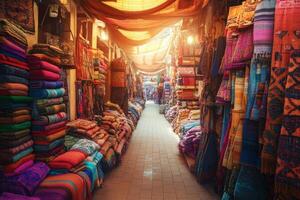 Colorful textile market alley with vibrant fabrics in a bustling bazaar during late afternoon photo