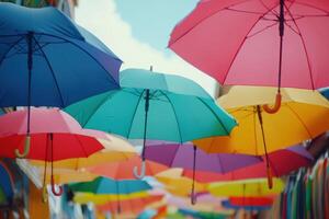 Colorful umbrellas hanging overhead in a vibrant street market on a sunny day photo