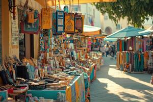 Vibrant market stalls filled with handmade crafts and textiles in a lively outdoor bazaar photo