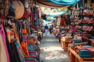 Colorful market stalls displaying handcrafted items in a vibrant bazaar photo