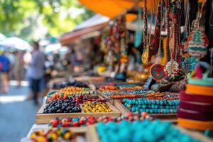 Vibrant market filled with handmade jewelry and colorful crafts in a bustling outdoor setting photo