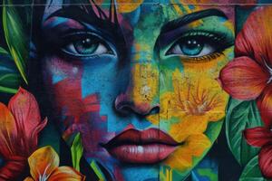 Vibrant mural of a woman's face with flowers and tropical leaves in an urban setting photo