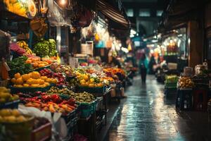Vibrant night market filled with colorful fruits and vegetables in a bustling urban setting photo