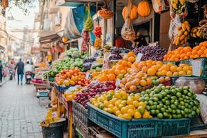 Vibrant fruit market bustling with shoppers in a lively urban setting during the afternoon photo