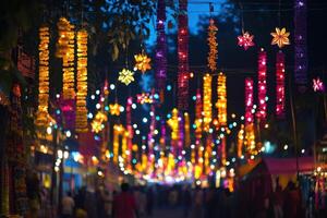 Colorful market decorations illuminate a festive evening in a vibrant local bazaar photo