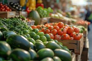 Fresh produce market showcasing vibrant vegetables and fruits during golden hour photo