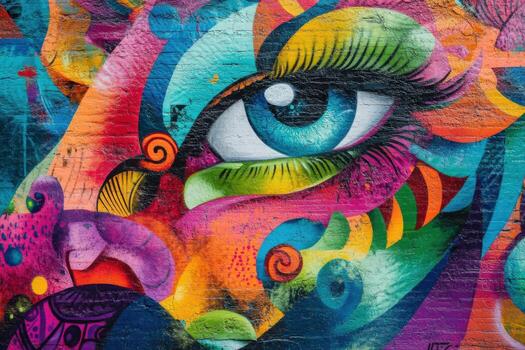 Vibrant mural of a lion's eye with colorful patterns in an urban setting during daytime photo