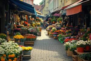 Colorful flower market bustling with life in a charming street during a sunny day photo