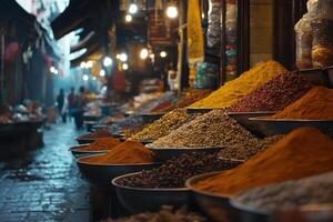 Vibrant spice market at dusk with colorful spice mounds in enclosed stalls photo