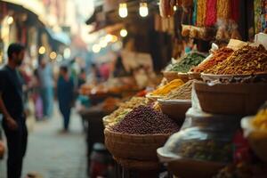 Colorful spices and dried fruits displayed in a bustling market during the late afternoon photo
