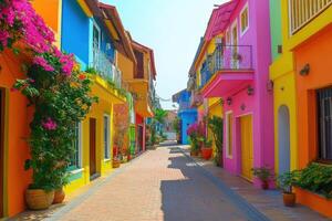 Vibrant streets of a colorful neighborhood lined with blooming flowers and cobblestone pathways photo