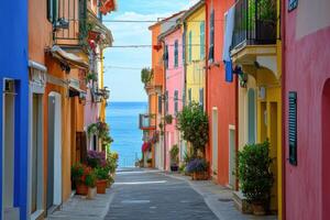 Colorful coastal street lined with flowers leading to a serene beach view in a sunny town photo