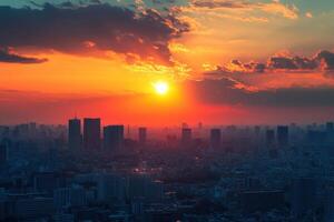 Stunning sunset over a bustling city skyline with vibrant colors and silhouettes of buildings photo