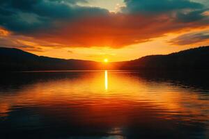 Stunning sunset reflecting on a calm lake surrounded by mountains in the evening twilight photo
