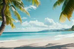 Serene tropical beach with palm trees swaying in the gentle breeze on a sunny day photo