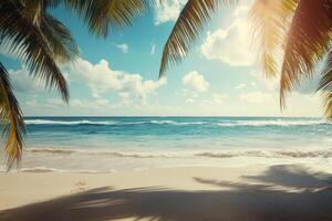 Tranquil tropical beach with palm trees and gentle waves under a bright sky at midday photo