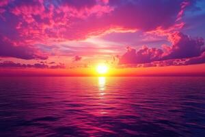 Vibrant sunset over calm ocean waters with colorful clouds reflecting in the sky photo