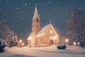 A charming church illuminated by fairy lights on a snowy winter evening photo