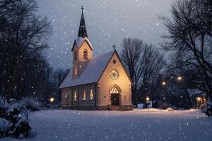 Snowfall blankets a quaint church glowing warmly during a winter evening in a serene town photo