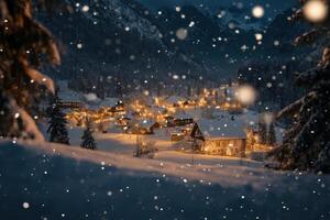 A serene winter evening with softly glowing lights in a snow-covered mountain village photo