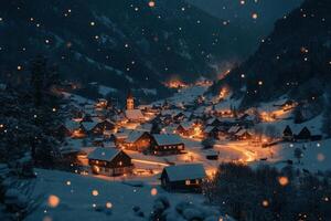 Snow-covered village illuminated by warm lights during a winter night in a mountainous landscape photo