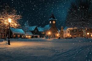 A snowy night in a quiet town with glowing street lamps and a charming clock tower photo