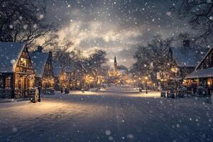 Snowy winter evening in a charming village with festive lights and falling snowflakes photo