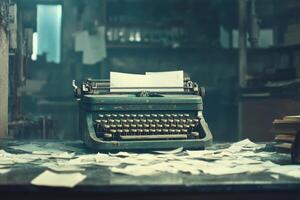 Antique typewriter surrounded by scattered papers in a vintage workspace filled with nostalgia photo