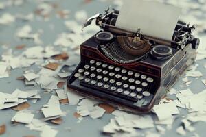 Vintage typewriter on a table scattered with torn paper remnants during creative writing session photo