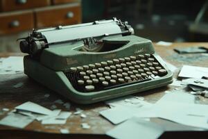 A vintage typewriter surrounded by scattered papers on a wooden desk in a quiet room photo
