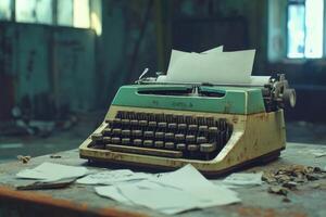 Antique typewriter sits on a dusty table surrounded by crumpled papers in an abandoned space photo