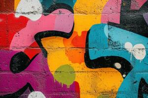 Colorful abstract street art mural on a brick wall in an urban area during the day photo