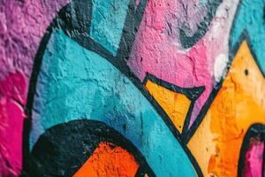 Vibrant urban graffiti art capturing colorful designs on a textured wall in a city setting photo