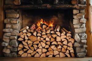 Cozy fireplace with stacked logs and a warm fire creating a rustic ambiance in a cabin setting photo